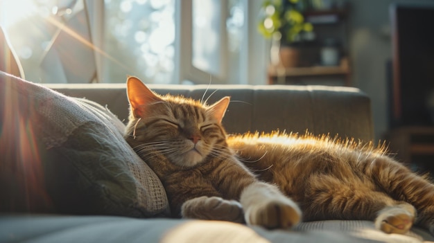 A chubby cat lounging on a cozy couch with a sunny window in the background its fur glistening in the sunlight creating a serene and warm atmosphere