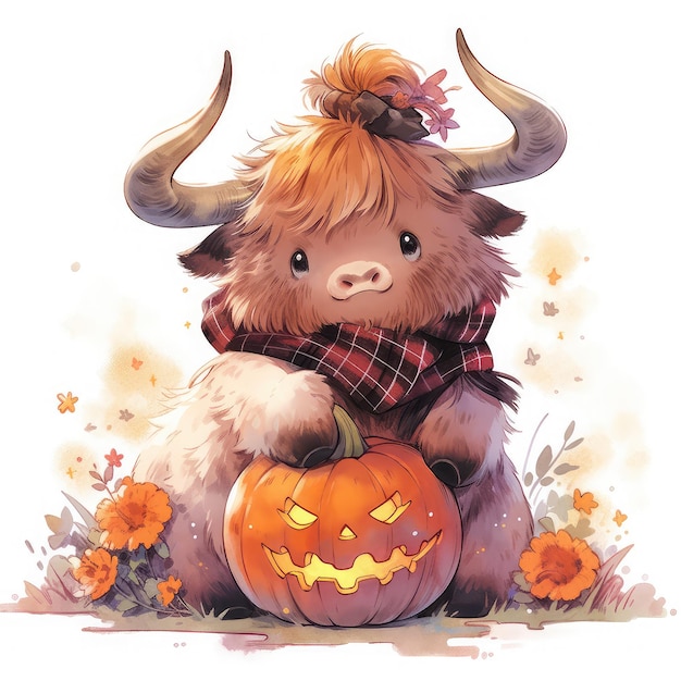 Chubby Highland Cow in Halloween Costume Adorable Autumn Farm Animal Life Celebration Generative AI