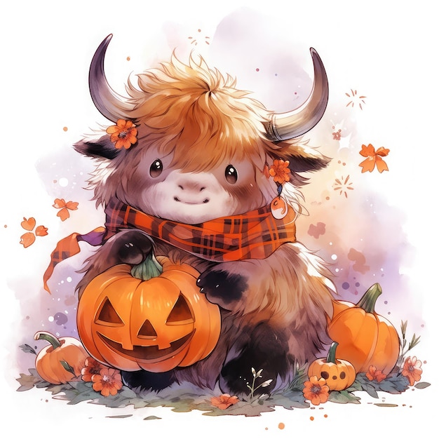 Chubby Highland Cow in Halloween Costume Adorable Autumn Farm Animal Life Celebration Generative AI