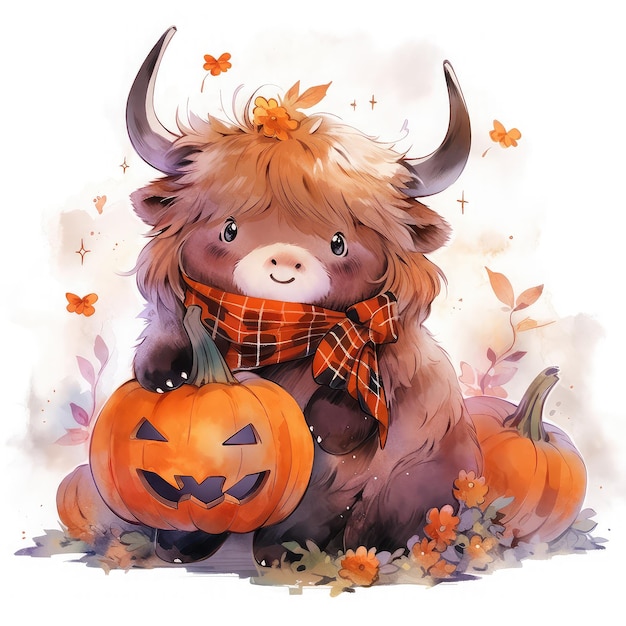 Chubby Highland Cow in Halloween Costume Adorable Autumn Farm Animal Life Celebration Generative AI