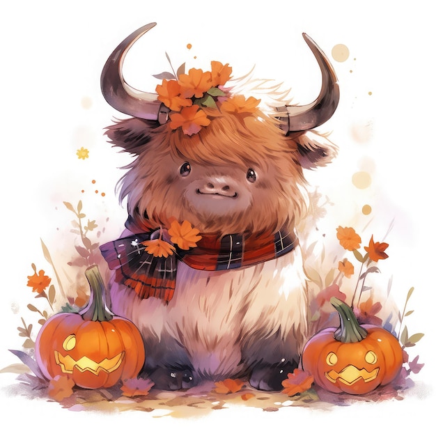 Chubby Highland Cow in Halloween Costume Adorable Autumn Farm Animal Life Celebration Generative AI