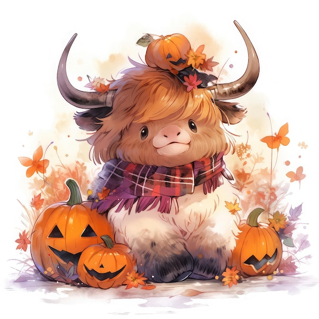 Chubby Highland Cow in Halloween Costume Adorable Autumn Farm Animal Life Celebration Generative AI