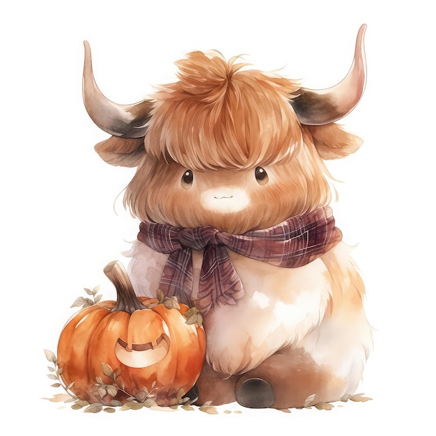 Chubby Highland Cow in Halloween Costume Adorable Autumn Farm Animal Life Celebration Generative AI