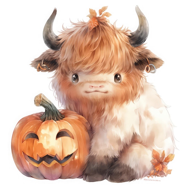 Chubby Highland Cow in Halloween Costume Adorable Autumn Farm Animal Life Celebration Generative AI