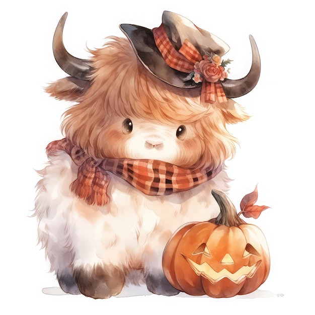 Chubby Highland Cow in Halloween Costume Adorable Autumn Farm Animal Life Celebration Generative AI