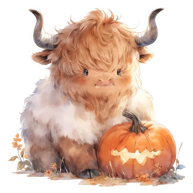 Chubby Highland Cow in Halloween Costume Adorable Autumn Farm Animal Life Celebration Generative AI