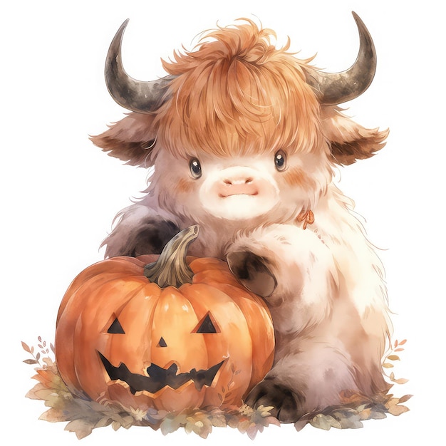 Chubby Highland Cow in Halloween Costume Adorable Autumn Farm Animal Life Celebration Generative AI