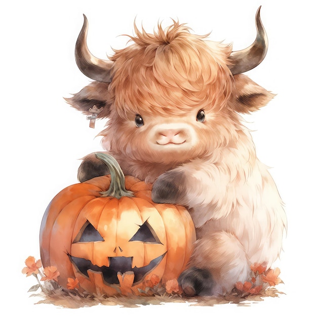 Chubby Highland Cow in Halloween Costume Adorable Autumn Farm Animal Life Celebration Generative AI