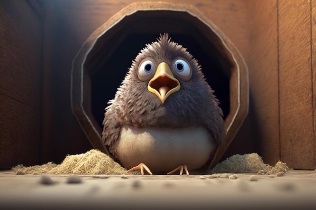 Chubby little chicken sitting outside the coop door chirping