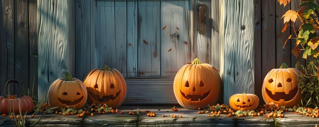 Chubby smiling pumpkins on a porch