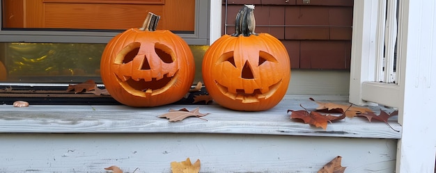 Chubby smiling pumpkins on a porch