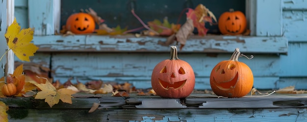 Chubby smiling pumpkins on a porch