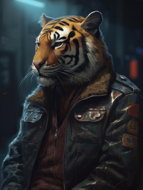 A chubby strong tiger character living in the cyberpunk city generative AI