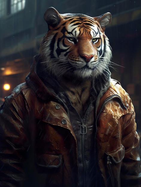 A chubby but strong tiger living in the cyberpunk city tiger head wearing a big leather jacket chilling full body grumpy face realistic oil painting generat ai