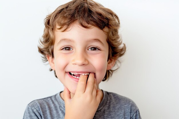 Photo chuckling boy with hand on white background