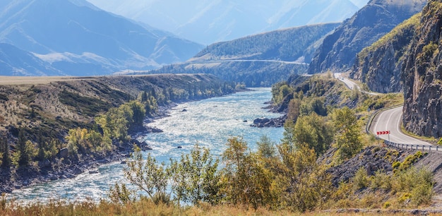 Chuisky tract a highway in the Altai mountains Katun river morning