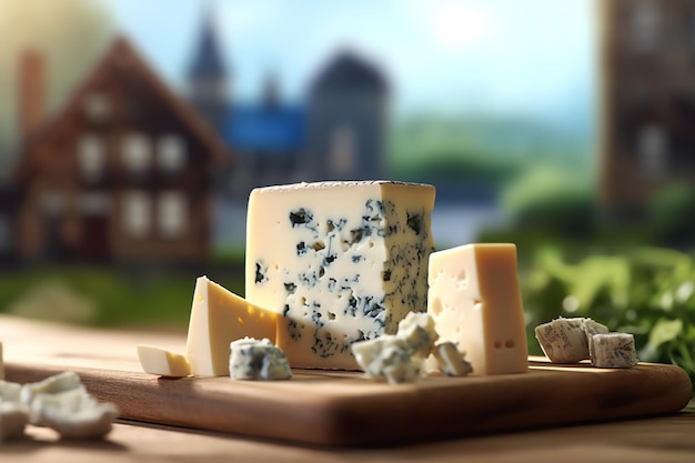 A chunk of Roquefort cheese on a wooden board