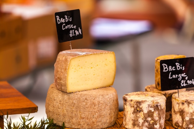 Chunks of different cheeses at a local french market