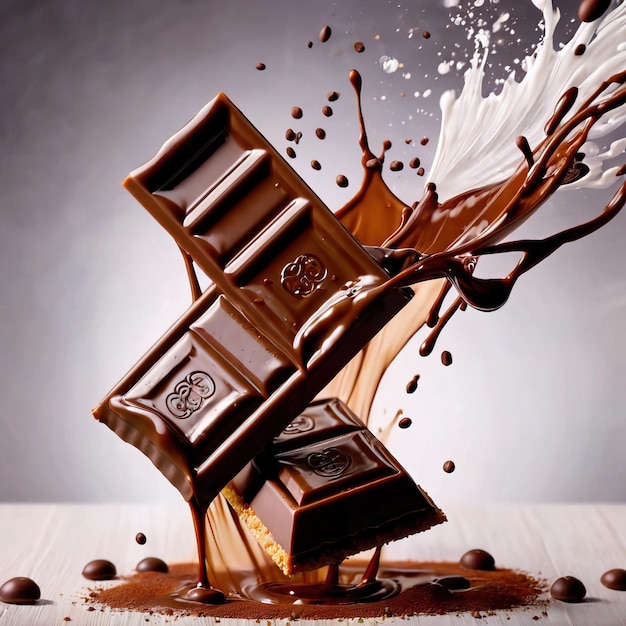 Chunks of luxury dark chocolate with dynamic melted splash effect