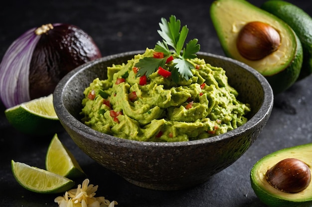 Chunky guacamole with ripe avocado garlic and fresh herbs