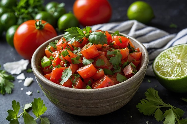 Chunky salsa bowl with fresh herbs lime zest and tomatoes