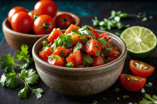 Chunky salsa bowl with ripe tomatoes cilantro and lime zest