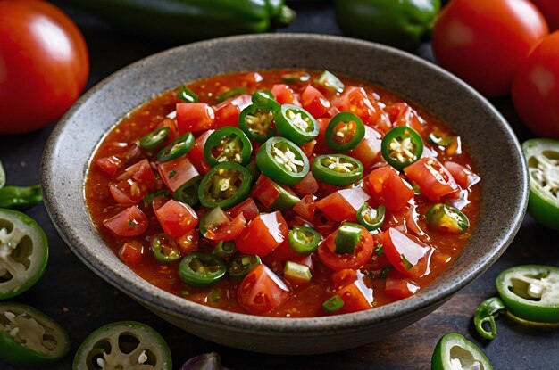 Photo chunky salsa dip with tomatoes diced onions and fresh garlic