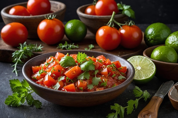 Chunky salsa with fresh herbs lime zest and ripe tomatoes