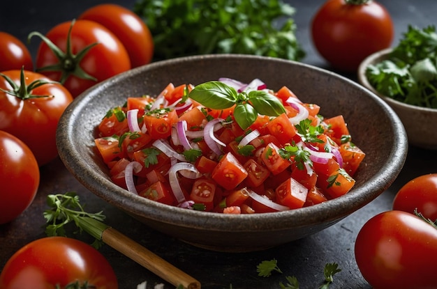 Photo chunky salsa with fresh lime diced onions and ripe tomatoes