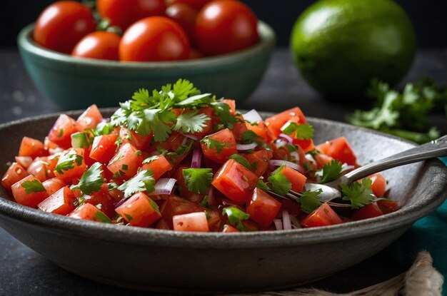 Chunky salsa with fresh lime diced onions and ripe tomatoes