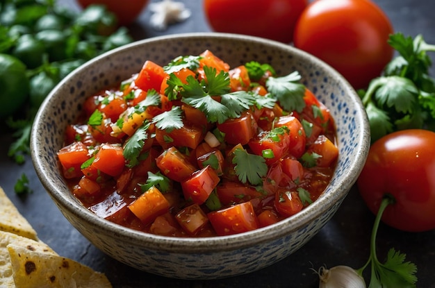 Chunky salsa with ripe tomatoes cilantro and a squeeze of lime