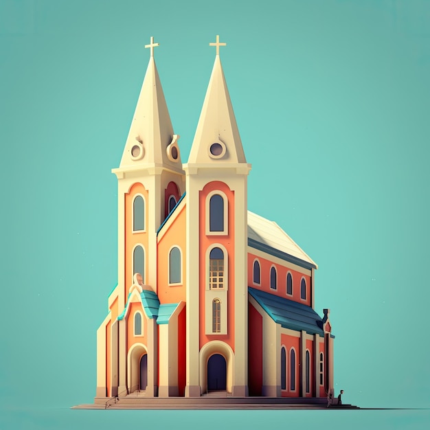 Church 3d catroon style Flat colors Detailed building concept AI generated