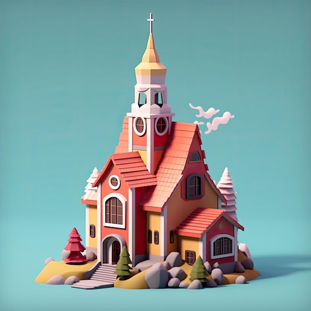 Church 3d catroon style Flat colors Detailed building concept AI generated