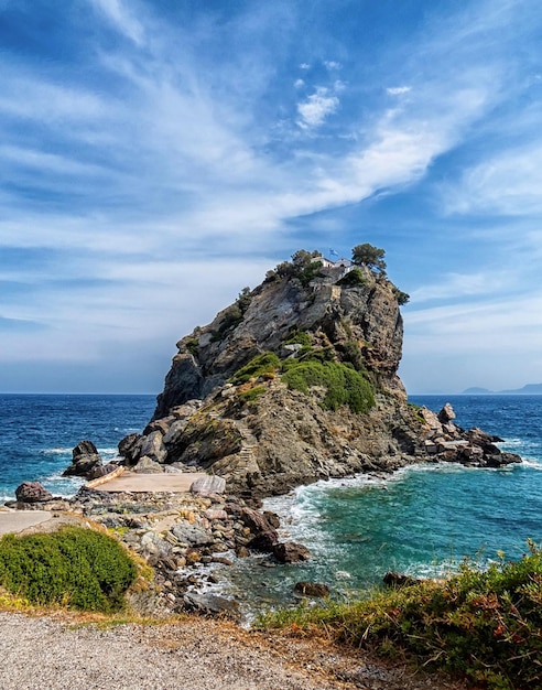 Church Agios Ioannis Chapel on the rock in Skopelos Island Greece