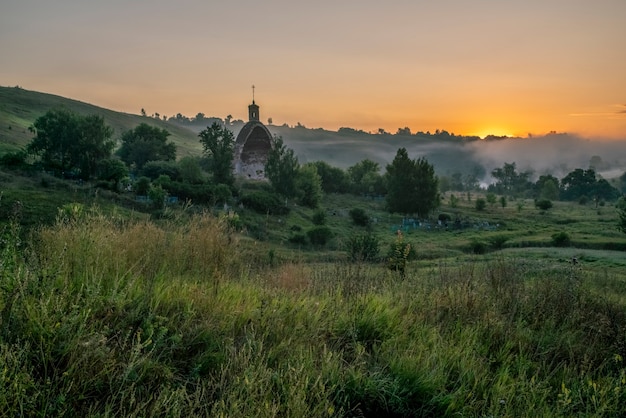 Church of the Archangel Mikhail Foggy morningKocherginka village Tula region Russia