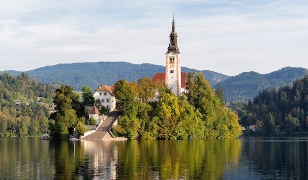 Church of the assumption of Mary in the island of Bled lake, Slovenia, with reflects in the water