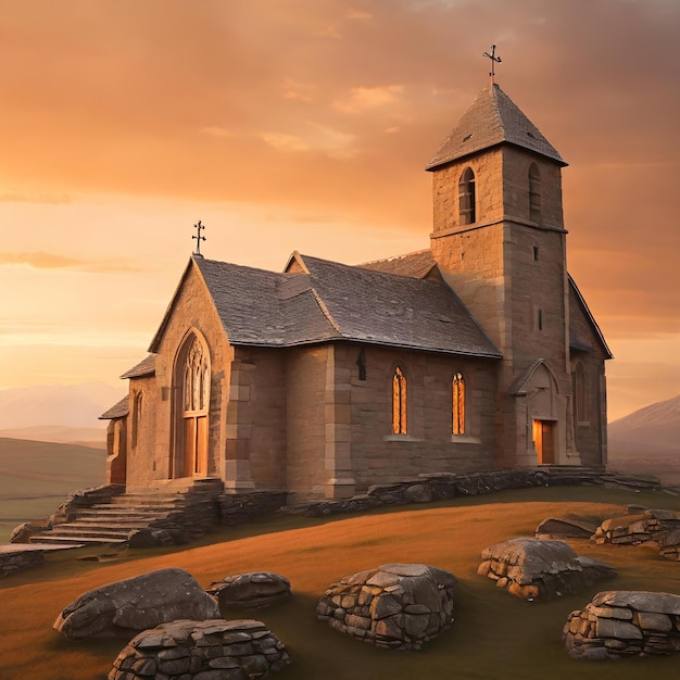 a church built with aged stones set against the warm glow of an orange evening