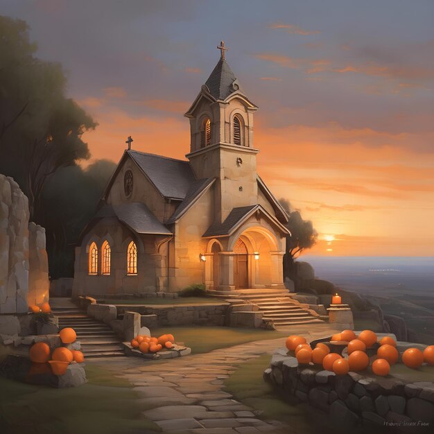 a church built with aged stones set against the warm glow of an orange evening