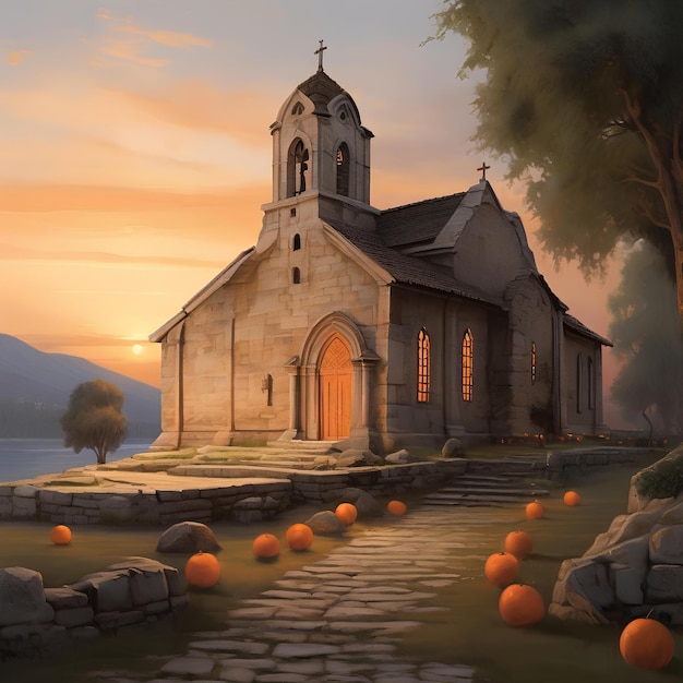 a church built with aged stones set against the warm glow of an orange evening