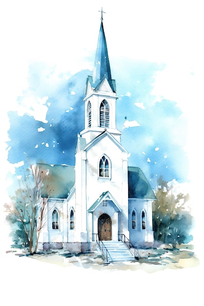 Church chapel watercolor clipart cute isolated on white background with Generative AI