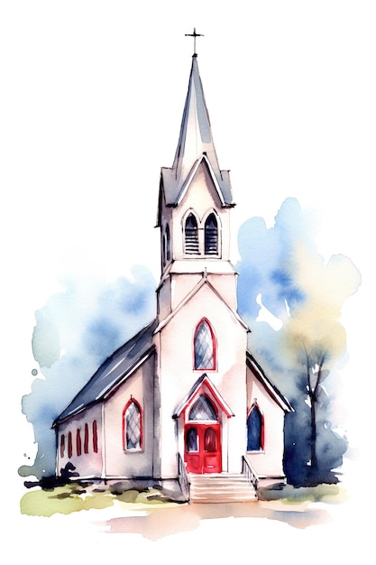 Church chapel watercolor clipart cute isolated on white background with Generative AI