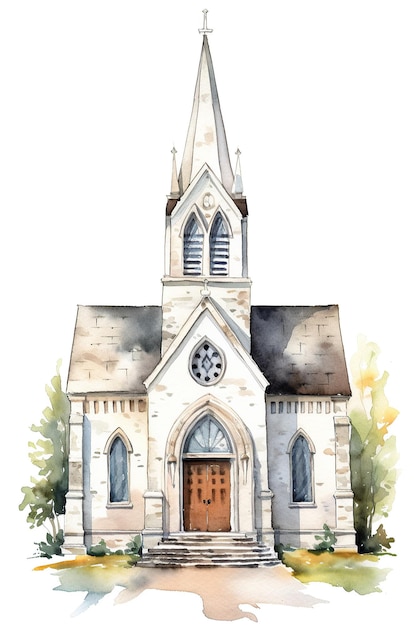 Church chapel watercolor clipart cute isolated on white background with Generative AI