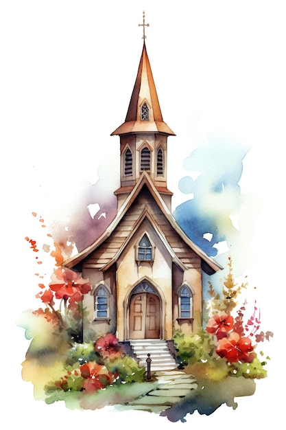 Church chapel watercolor clipart cute isolated on white background with Generative AI