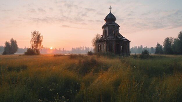 A church in a field at sunset