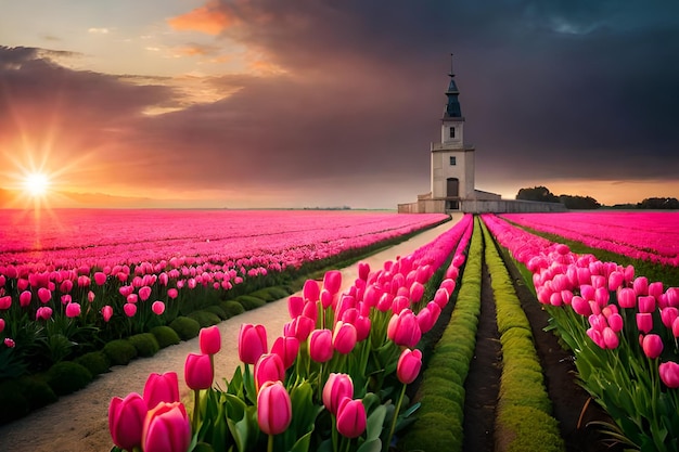 A church in a field of tulips with a church in the background.