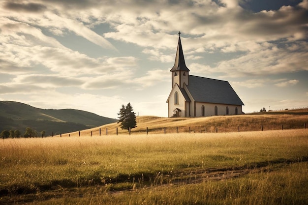 a church on a hill with a cloudy sky