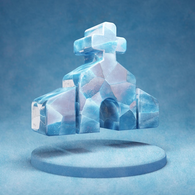 Church icon. Cracked blue Ice Church symbol on blue snow podium. Social Media Icon for website, presentation, design template element. 3D render.