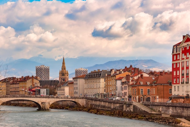 Church Isere river and bridge in Grenoble France