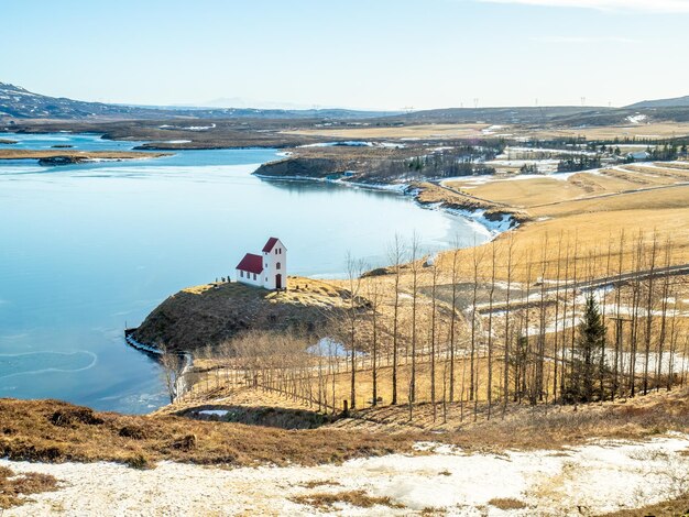 Church on lake Ulfljotsvatn known as Ulfljotsvatnskirkja is a beautiful viewpoint in Iceland