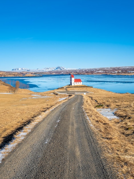 Church on lake Ulfljotsvatn known as Ulfljotsvatnskirkja is a beautiful viewpoint in Iceland